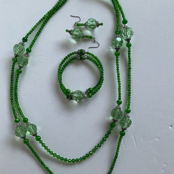 Hand Crafted Necklace Wrap Bracelet Drop Earrings Set Lime Green Double Strands - Picture 7 of 9